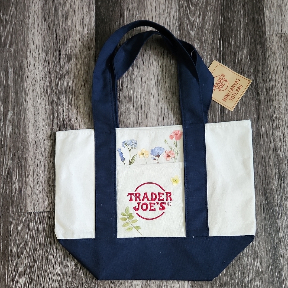 Trader Joe's Mini Navy Blue Canvas Tote Bag With Cute Floral Design